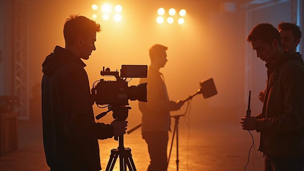 Étudiants en BTS audiovisuel apprenant à manipuler une caméra professionnelle sur un plateau de tournage