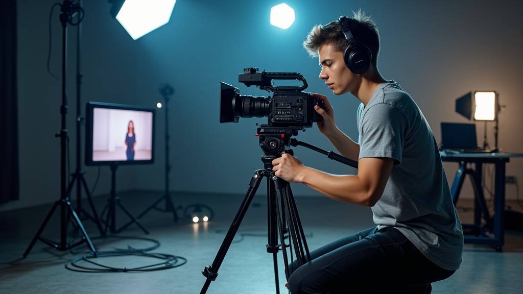 Équipe de tournage professionnelle avec caméra et éclairages en studio