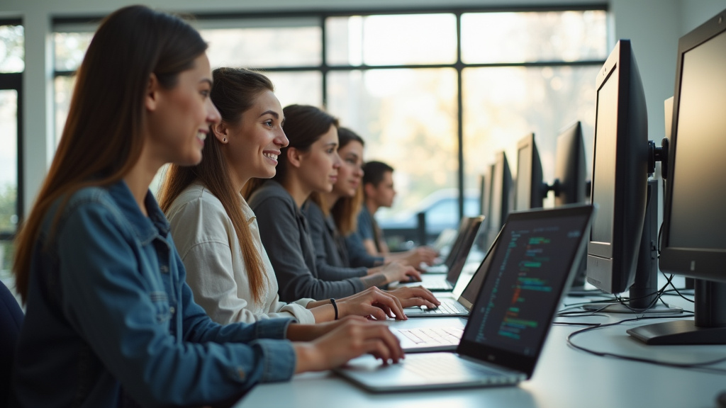 Bâtiment moderne de l'ÉSTIAM avec des étudiants en informatique devant l'entrée