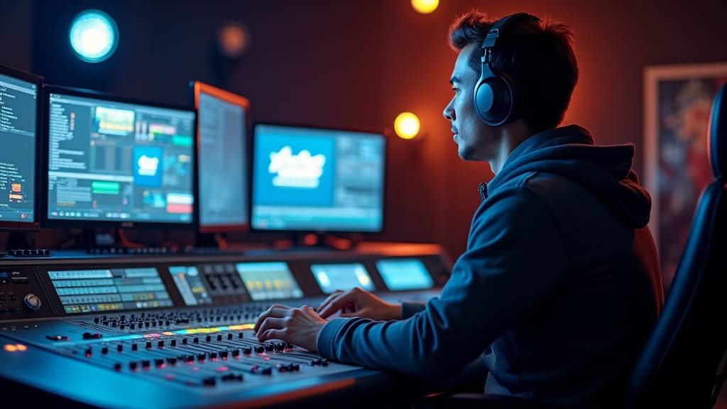 Salle de contrôle technique avec multiples écrans de monitoring et équipements de transmission vidéo