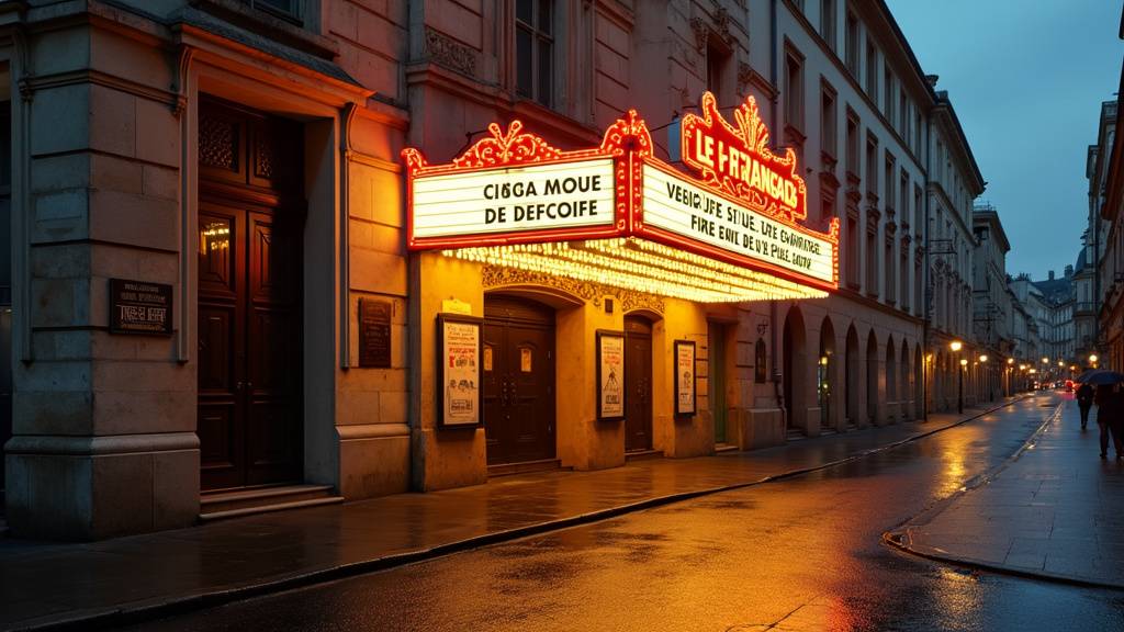 Façade du cinéma CGR Le Français à Bordeaux, en soirée, avec les néons allumés